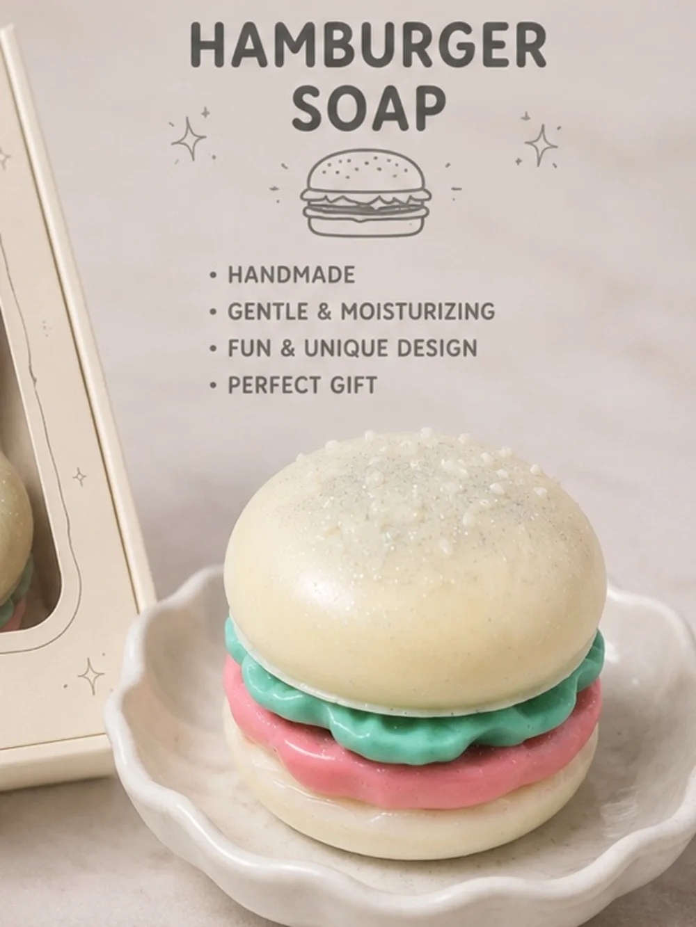 Vanilla rum SOAP HAMBURGER SET - 3x3” 10oz shea butter donkey milk based